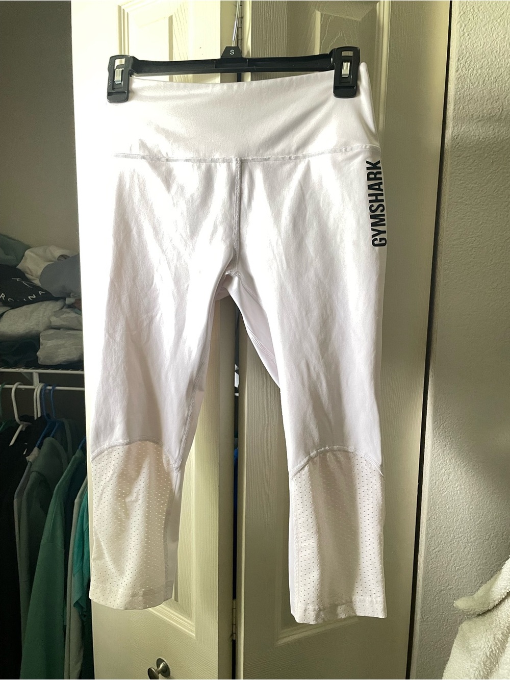 Gymshark White Capri Leggings with Perforated Calf Panels and Side Logo